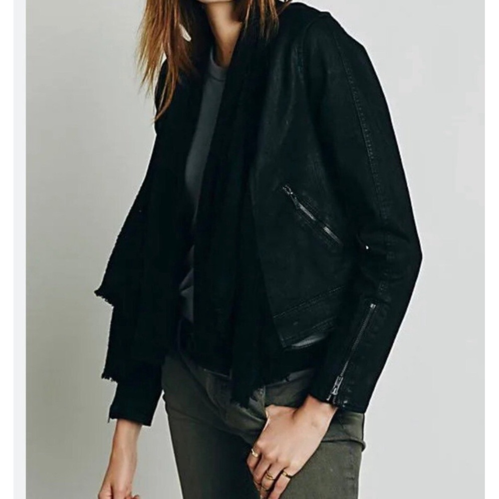 Super Cute Free People Drape Front Denim Waxed Moto Jacket - Picture 5 of 8